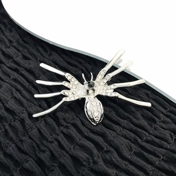 Spider Brooch Pin Silver Black Stone Rhinestones Halloween Glam Stylish Unique - Picture 1 of 4